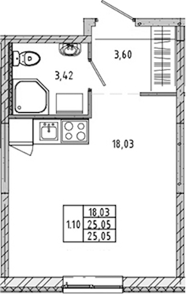 Квартира студия 24.87 м², 2/17 эт., ЖК «Новые горизонты 2»